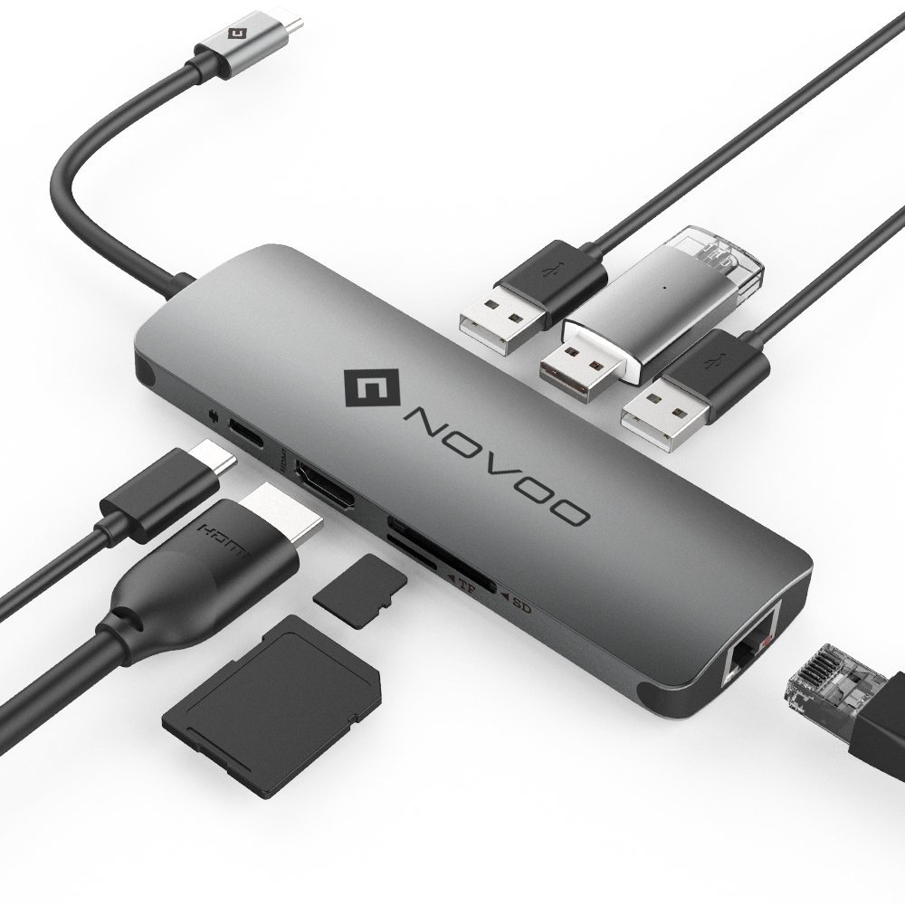 USBハブ NOVOO USB3.0 TypeCアダプター HDMIビデオ出力 SD MicroSD カードリーダー LANポート(1000Mbps) USB PD対応 MacBook2016・MacBookPro/ChromeBook対応 (グレー)